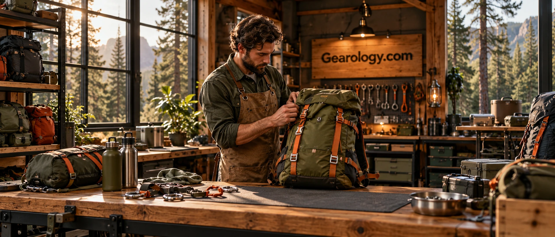 Outdoor equipment on a warm timber workbench overlooking the mountains